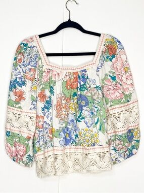 Christian Siriano Floral Square Neck Top Linen Blend